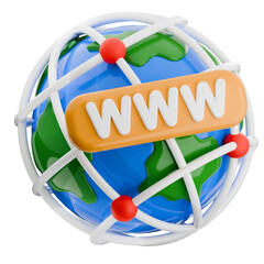 World Wide Web symbol on a globe, connected by lines, isolated. 3d render internet icon illustration. 