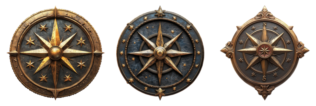 Antique navigational compasses isolated on transparent background