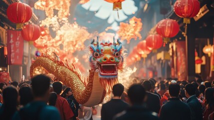Vibrant Chinese New Year Dragon Dance in Crowded Street