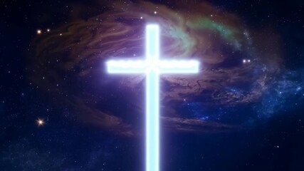 Illuminated cross shines against a starry backdrop during a religious event in the evening sky