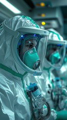Medical personnel wearing hazmat suits and respirator masks, captured in a close-up as they concentrate on critical care amid a pandemic.