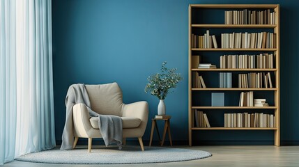 Scandinavian living room with a beige armchair, sofa, and stylish bookshelf, all set against a tranquil blue wall.