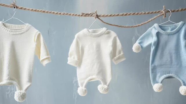 Baby clothes hanging on rope on grey background, A row of baby clothes hanging on a clothesline. The clothes are all different colors and styles