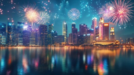 Dazzling Cityscape Ablaze with Fireworks over Glittering Skyline