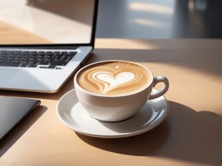 Close-up view of a white ceramic cup filled with a frothy cappuccino, placed on a matching saucer.