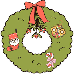 Groovy retro christmas wreath with ornaments clipart Trendy hippie cartoon doodle drawing art illustration