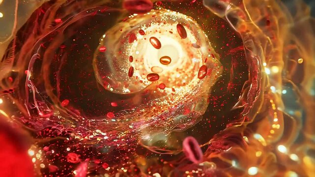 microbiology, Fat hyperlipidemia or arteriosclerosis hemoglobin red blood vessel cell micro microscope inside interior human body. Embolism and cholesterol and intestinal tumors
