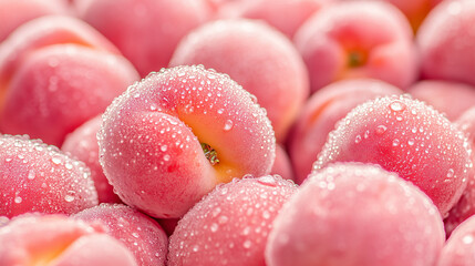 Some pink peaches with water drops, the peaches look fresh and tender, close-up