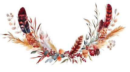 A festive boho Christmas wreath illustration, decorated with a blend of feathers and flowers in warm watercolor hues, isolated on a clean white background 