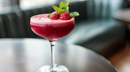 A popular beverage served in a chic coupe glass on a contemporary table that layers vibrant berry puree and is topped with a mint sprig