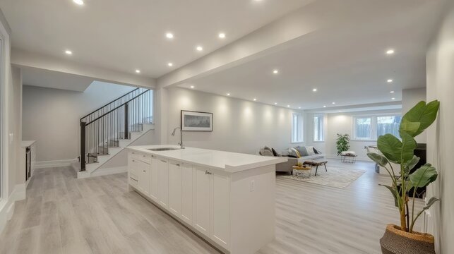 A bright and spacious renovated basement featuring a white countertop and a stylish staircase, creating a modern, welcoming environment.