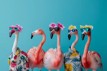 Fotobehang Group of flamingo bird in funky Wacky wild mismatch colourful outfits on blue background, created by ai © Полина Сова