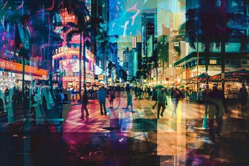 Trendy photo collage art of a tropical city with bustling harbors and vibrant graphic details, created by ai