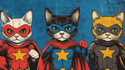 Fototapeta premium Three superhero cats in vibrant costumes stand ready for action against a colorful backdrop, showcasing their playful personalities.