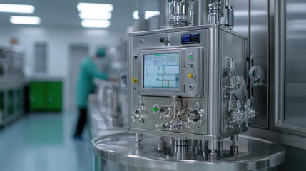Fototapeta premium Close-up of advanced medical equipment with digital controls in a sterile laboratory setting, with a blurred technician working in the background.