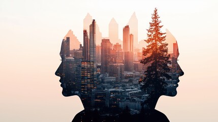Urban Innovation Through Teamwork: Double Exposure of Business Professionals in a Conference with Cityscape Background, Generate Ai