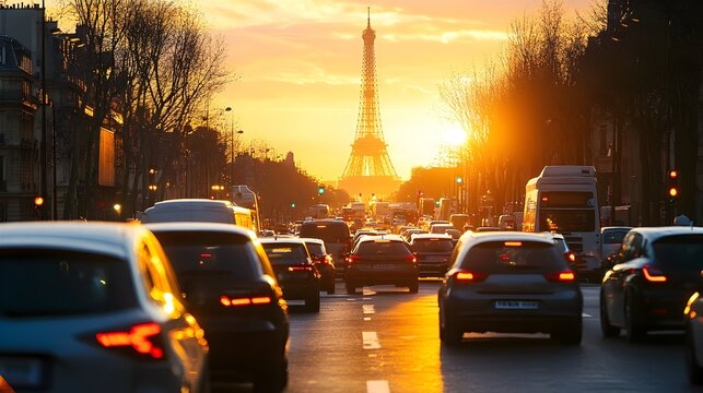 Fototapeta Golden Evening in Paris with Eiffel Tower and Heavy Traffic on City Street