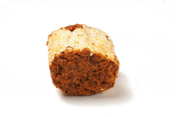 A soft and savory rolled bread topped with shredded beef or chicken floss (floss roll bread), photographed against a white background. Perfect as a snack.