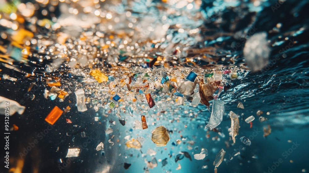 Wall mural Macro shot of tiny plastic fragments floating in a clear water stream with reflective light creating a mesmerizing visual of pollution effects