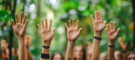 People hands raised. World peace concept. Generative AI technology.	
