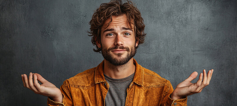 A portrait of a man shrugging his shoulders with a confused and indifferent expression, conveying uncertainty and disbelief