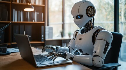 A cute humanoid robot sitting at a desk, focused on working with a laptop, showcasing the blend of technology and charm