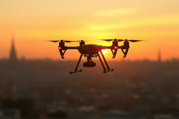 Drone flying in the sky against sunset with a city in the background