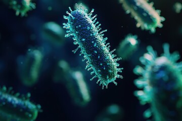 Fototapeta premium Illuminated Microscopic Bacteria Cluster in Blue and Green, Bio Study Visualization with Depth of Field