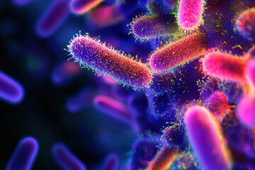 Naklejka premium Biological Complexity and Structure Revealed in Glowing Microorganisms on Dark Gradient Background for Science Concepts. Ample Text Space