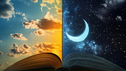 Naklejka premium An open book where the left page shows a bright, sunny day with a blue sky and clouds, and the right page shows a dark, starry night with a crescent moon