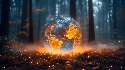 Bioluminescent Earth Globe Emerging from Misty Forest Floor with Crisscrossing Light Beams