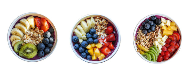 set of filled with some fruits topping acai bowl in a white bowl, top view