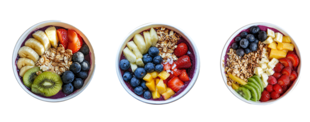 set of filled with some fruits topping acai bowl in a white bowl, top view