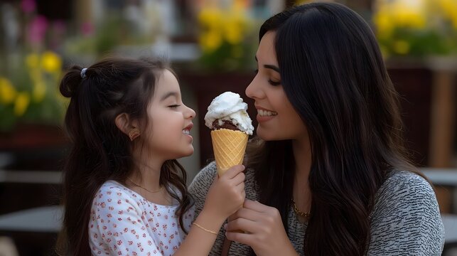 A heartwarming image of an Indian mother and her young daughter sharing a moment together while enjoying ice cream outdoors. 