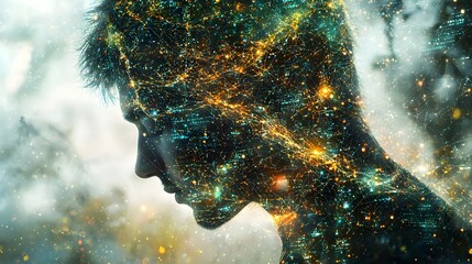 Futuristic Silhouette Composed of Interconnected Global Network and Blockchain Neural Pathways