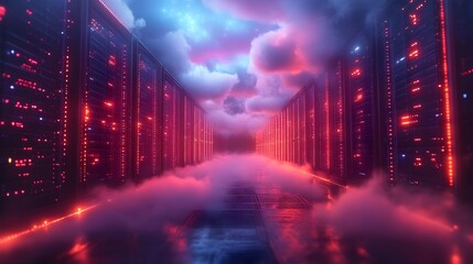 Futuristic Data Center with Glowing Server Racks and Ethereal Cloud Topology