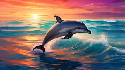  A majestic dolphin captured in mid-leap as it soars above a vibrant sunset seascape, with the radiant colors of the sunset illuminating the tranquil ocean, emphasizing the beauty of marine life.