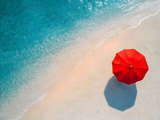 Naklejka premium Minimalist Aerial View of Iconic Red Umbrella on Tranquil Summer Beach