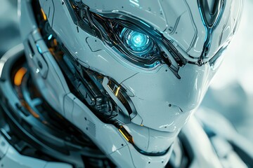 Close-up of a Futuristic Robot's Face with a Glowing Blue Eye