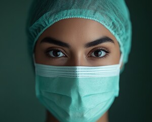 The close-up image of a healthcare worker in a surgical mask and cap underscores their focus, determination, and dedication to medical safety.
