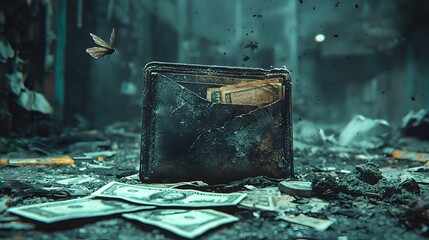 Abandoned Wallet in Desolate Urban Backdrop with Moth and Disintegrating Tumbleweed
