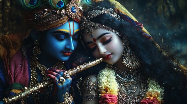 Moody portrait photo of create a high-resolution 4k image of lord radha krishna from hindu mythology. the scene should realistic depiction with krishna playing the flute,al