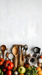 Cooking Class Advertisement with Assorted Kitchen Utensils and Seasonal Produce on Rustic Wood Table