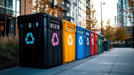 A set of empty recycling bins with different colored recycling symbols