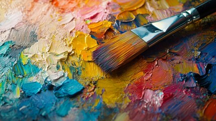 Fototapeta premium Palette, color and paint brush or art by canvas with inspiration for painting workshop, creative or abstract. Paintboard, watercolor and mixing with tool for decor, background and wallpaper in studio