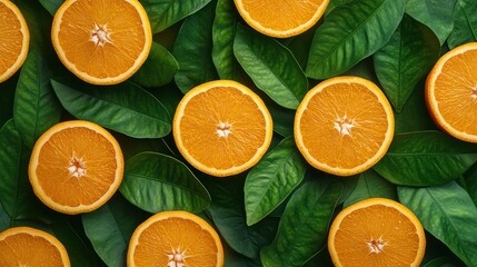 An artistic flat lay seamless pattern featuring evenly sliced oranges and vibrant green leaves