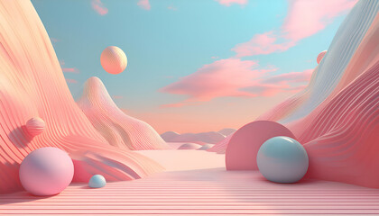 Smooth, undulating hills and floating spheres create a dreamlike atmosphere. The soft colors evoke feelings of tranquility and wonder.