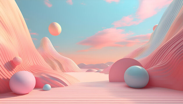 Smooth, undulating hills and floating spheres create a dreamlike atmosphere. The soft colors evoke feelings of tranquility and wonder.