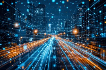 Illuminated Cityscape with Abstract Network Lines