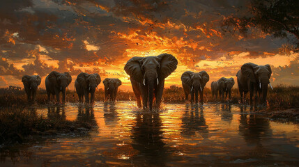 Silhouette of elephant herd against orange sunset sky in African safari landscape